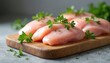 © Pete - Fresh chicken breast pieces with parsley on wooden cutting board. Healthy organic protein, low-fat poultry for culinary arts and nourishment. Clean fresh produce for diet food and healthy lifestyle.