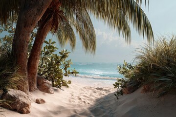 Wall Mural - Tropical beach setting featuring soft sand, vibrant palm leaves, gentle waves, and lush greenery under a clear blue sky at midday