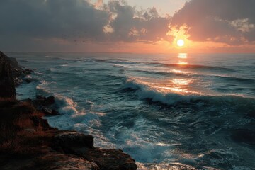 Wall Mural - Coastal sunset illuminating golden waves and distant horizon under a picturesque sky with scattered clouds