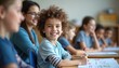 © Pete - Diverse group of children, teacher in classroom setting, smiling, engaged in learning activities. Focus on individualized education plans IEPs, collaboration between educators, students, parents for