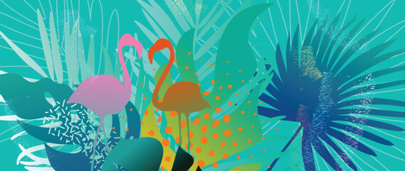 Wall Mural - Abstract tropical plant background vector. Colorful boho foliage botanical tropical leaves, floral pattern and flamingo. Illustration for summer sale banner , wall art, prints and fabrics.