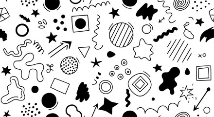 Trendy doodle seamless pattern with hand drawn elements and shapes, a dynamic backdrop illustration