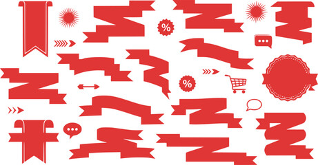 Wall Mural - Set of red banner ribbon color. Flat bookmark sale tag website decorative design vector.