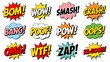 © SaymaHossan - Cartoon comic sign burst clouds. Speech bubble, boom sign expression and pop art text frames. Comics mem expressions speech, superhero book bubbles label. Isolated vector symbols set