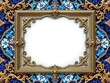© PakVsInd - Exquisite Golden Ornate Frame on Deep Blue Tile Background, Ready for Customization