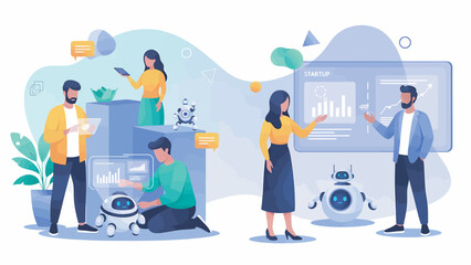 Team collaborates on innovative robot project in modern office, developing advanced AI technology with enthusiasm and focus.