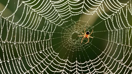 Small orange spider on intricate web covered with glistening morning dew drops. Macro nature banner. Wildlife and natural patterns concept