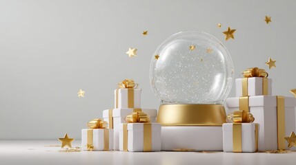 Wall Mural - 3d rendering of festive christmas background featuring glass snow globe with miniature winter scene, decorative gift boxes, and golden stars on light grey backdrop, perfect holiday mockup for product 