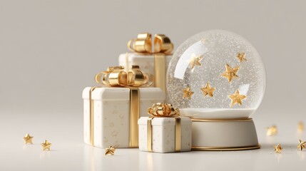 Wall Mural - 3d rendering of festive christmas background featuring glass snow globe with miniature winter scene, decorative gift boxes, and golden stars on light grey backdrop, perfect holiday mockup for product 