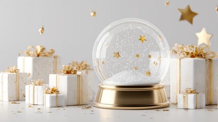 Wall Mural - 3d rendering of festive christmas background featuring glass snow globe with miniature winter scene, decorative gift boxes, and golden stars on light grey backdrop, perfect holiday mockup for product 