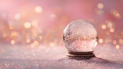 Wall Mural - Blank empty snow globe with copy space surrounded by light flares and sparkling bokeh on soft pink background, festive winter holiday decoration with shallow depth of field and selective focus for chr