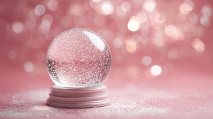 Wall Mural - Blank empty snow globe with copy space surrounded by light flares and sparkling bokeh on soft pink background, festive winter holiday decoration with shallow depth of field and selective focus for chr
