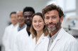 © SolaruS - Diverse medical professionals wearing lab coats stand in a row, smiling confidently. Teamwork, expertise, and cuttingedge research concept. Perfect for healthcare or science.