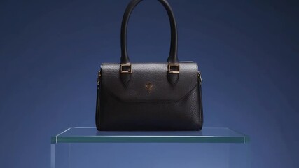 Dark-colored handbag on a clear glass display