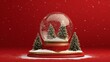 © Ashi - Christmas glass snow globe on snow with fir trees, realistic 3d transparent snowball on red background, holiday podium for festive banners, posters, and seasonal decor