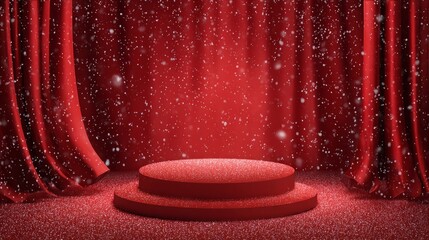Wall Mural - Festive christmas and new year banner with snowy decoration featuring red fabric background, elegant red curtains, glittering red backdrop, and a spotlight illuminated red podium product stage for hol