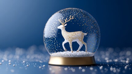 Wall Mural - Minimalist christmas snow globe ornament featuring elegant reindeer figurine on blue background, festive winter holiday decoration concept for seasonal greeting cards, modern interior design, and new 