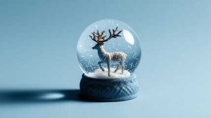 Wall Mural - Minimalist christmas snow globe ornament featuring elegant reindeer figurine on blue background, festive winter holiday decoration concept for seasonal greeting cards, modern interior design, and new 