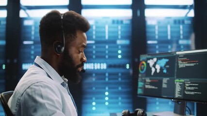 African American Man Wearing Headset Working At Multiple Computer Monitors In Server Room