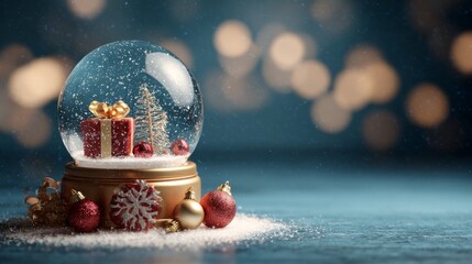 Wall Mural - Festive christmas snow globe with sparkling holiday decorations and elegant display platform for products, surrounded by a magical winter background creating a cozy seasonal atmosphere for greeting ca