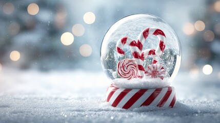 Wall Mural - Festive christmas snow globe with candy cane on snow in clear glass ball, realistic 3d plastic style holiday decoration featuring winter scene and greeting concept for merry christmas and happy new ye