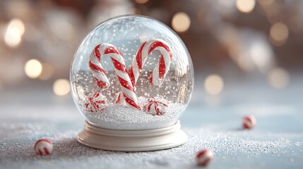 Wall Mural - Festive christmas snow globe with candy cane on snow in clear glass ball, realistic 3d plastic style holiday decoration featuring winter scene and greeting concept for merry christmas and happy new ye