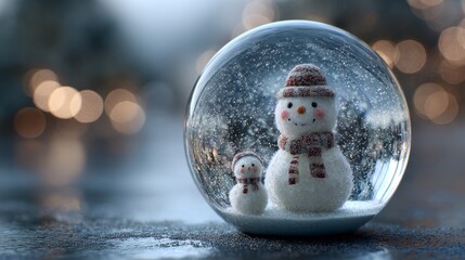 Wall Mural - High detail snow globe with festive snowman inside surrounded by sparkling snowflakes, charming winter holiday decoration symbolizing christmas spirit, seasonal magic, and cozy winter atmosphere for g