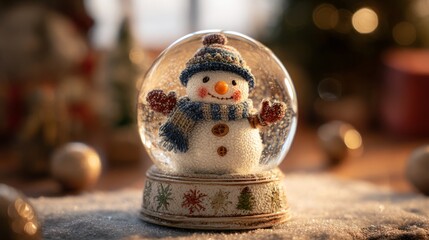 Wall Mural - High detail snow globe with festive snowman inside surrounded by sparkling snowflakes, charming winter holiday decoration symbolizing christmas spirit, seasonal magic, and cozy winter atmosphere for g