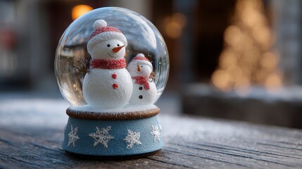 Wall Mural - High detail snow globe with festive snowman inside surrounded by sparkling snowflakes, charming winter holiday decoration symbolizing christmas spirit, seasonal magic, and cozy winter atmosphere for g