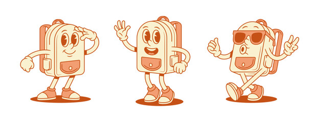Wall Mural - Cute positive schoolbag backpack cartoon character set isometric vector illustration. Smiling cheerful school bag pupil education minimalist mascot searching hi hello greeting in sunglasses