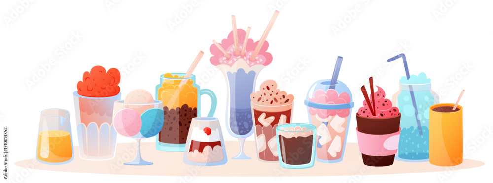 Set of different types of drinks and desserts. Hot and cold coffee ...