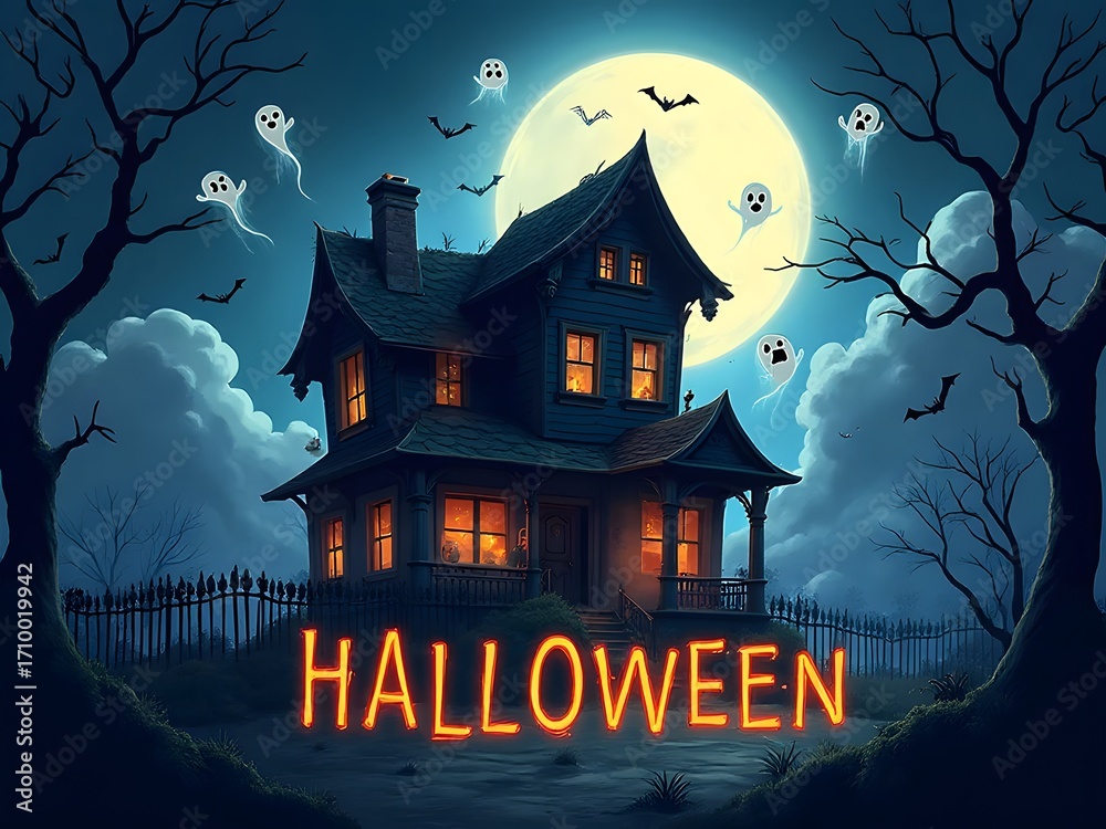 Spooky Haunted House – Halloween Cartoon Design: A cartoon haunted house with flying bats, full moon, and ghosts, featuring the text “Halloween” in spooky font.