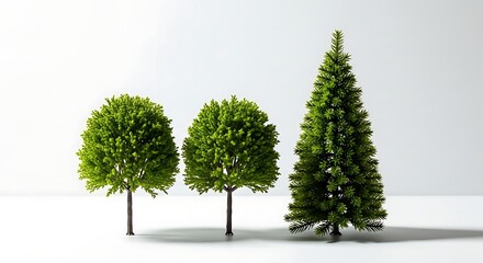 Three miniature trees isolated on white background, showcasing different shapes and sizes