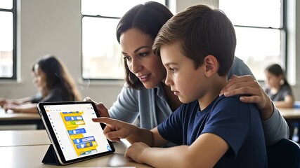 Dedicated teacher helps student with coding project on tablet in classroom setting