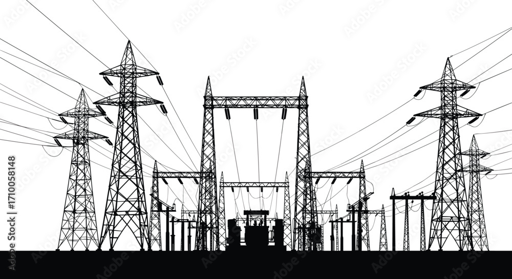 Electrical Infrastructure Images Electrical substation silhouette, transmission towers, high voltage ...