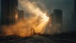 © kirana - Sunbeams pierce through dust clouds at a city demolition site.