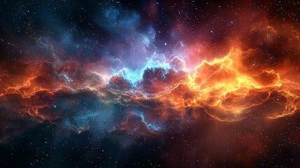 Wall Mural - Vivid cosmic nebula with swirling clouds of gas and dust in deep space, illuminated by starlight and glowing in hues of orange, blue, and red.