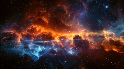 Wall Mural - Vivid nebula with glowing orange and blue clouds in deep space