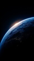 Wall Mural - Earth viewed from space with sunrise illuminating the horizon and city lights visible on the night side