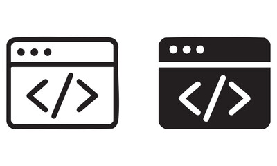 Web development and coding icons in dark and light styles featuring browser windows and html tags vector illustration
