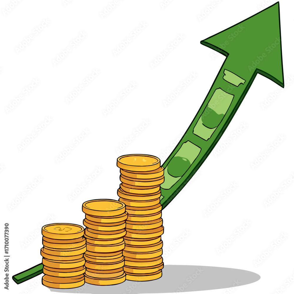 Growth chart with money and coins showing financial increase and ...