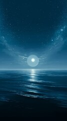 Wall Mural - Nighttime ocean scene with glowing celestial body and starry sky reflecting on water surface