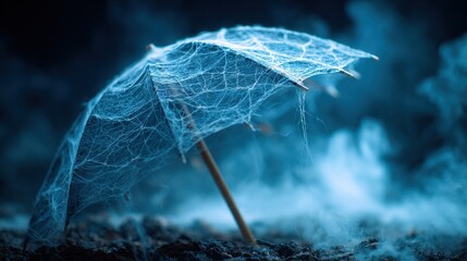 Abandoned umbrella covered in intricate spiderwebs set against a dark smoky background