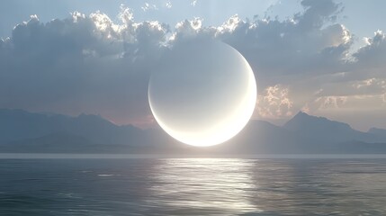 Wall Mural - Large luminous sphere hovering over a calm lake at sunset with mountain silhouette in the background