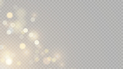 Wall Mural - Golden dust light png. Christmas glowing bokeh confetti and sparkle overlay texture for your design. Stock royalty free vector illustration. PNG	