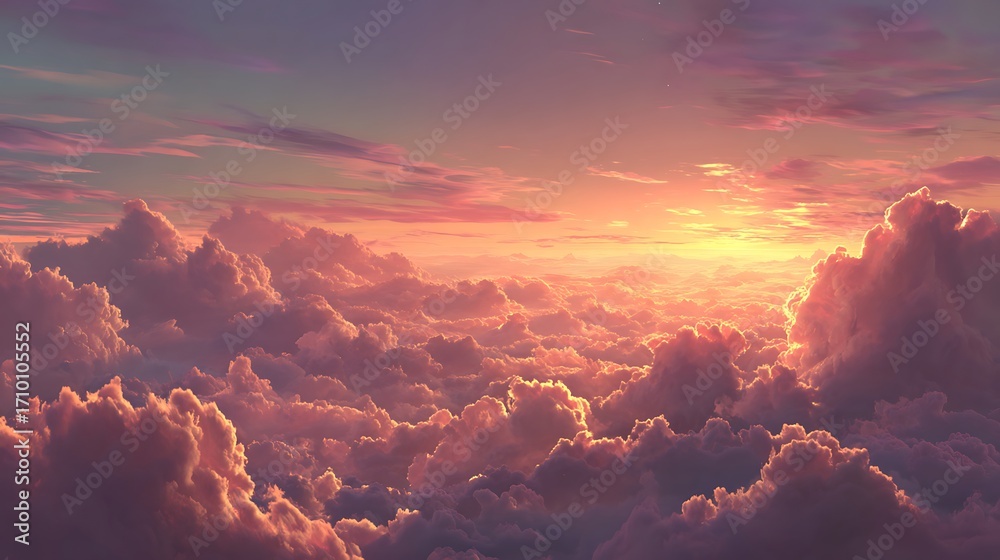 An expansive aerial view above a sea of fluffy clouds, bathed in the ...