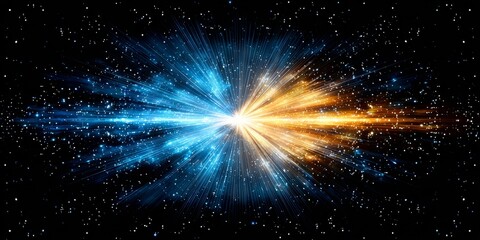 Wall Mural - Vibrant Digital Explosion Blue Meets Orange Energy Particles on a Cosmic Black Starry Background