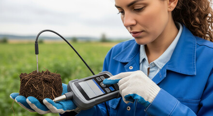 Agronomist using a special device to assess the chemical composition of the soil, close-up