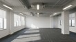 © hu - Empty modern office space with large windows and carpeted floor