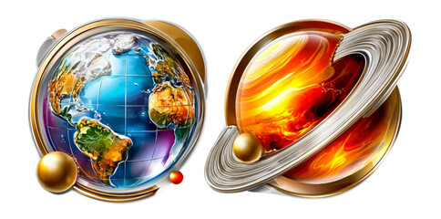 Wall Mural - Colorful Earth and Saturn Illustrations with Isolated Background Elements